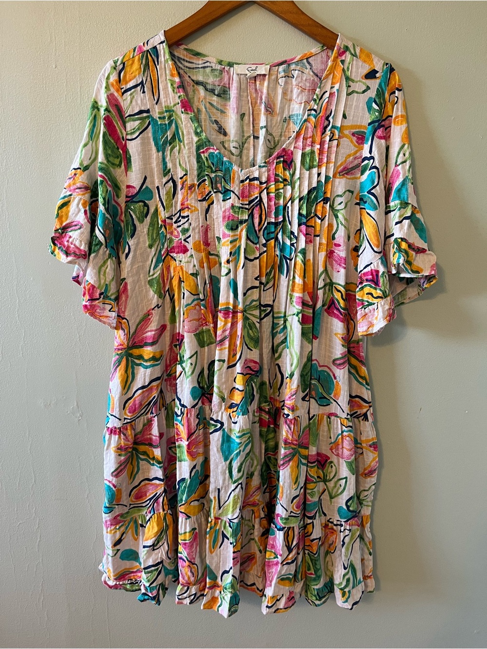 vibrant, watercolor-style floral print babydoll mini dress  size L whimsical